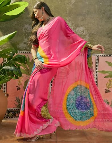 Image of SIRIL Women's Chiffon Scalloped Border Sequins Embroidery Saree with Unstitched Blouse Piece