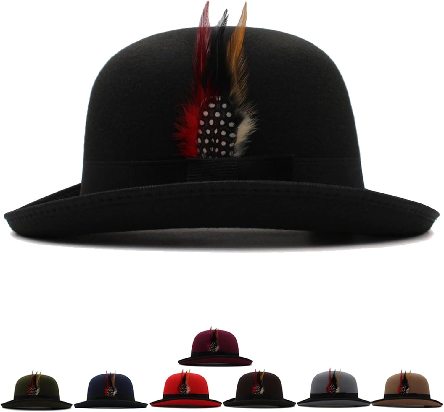 Shunchunli Men S Oval Top Feather Wool Bowler Hat Fedora Hat Roll Rim Derby Cap Sunhat Party Street Style Adjustable Size Us 7 1 8 7 3 8 Uk M L Color Navy Blue Size