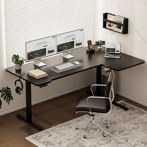 Image of Acrolix L Shaped Electric Standing Desk - 71x43.5 Inch Reversible Corner Sit Stand Desk with Hook&Cup Holder,Electric Height Adjustable Table,for Home Office Gaming&Trading Computer Desk, Black