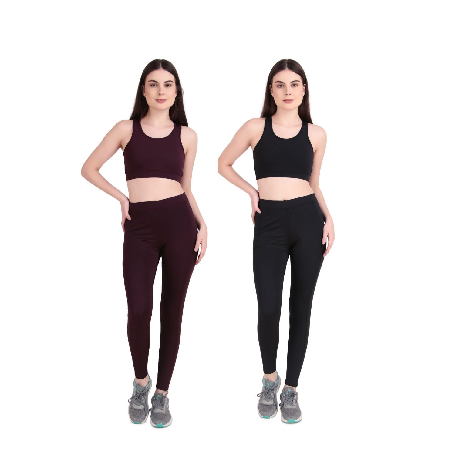 Women’s High Waist Tracksuit | Workout Set Fitness Gymwear Top & Bottom Set | Activewear Yoga Outfit | Leggings Bra Set for Sports/Running/Exercise (IN, Alpha, S, Regular, 2, Black-Wine)-image-18