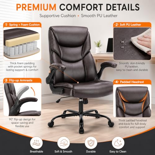 Image of Ergonomic PU Leather Office Chair - Executive Computer Desk Chair with Lumbar Support & Wide Seat, Adjustable Height Task Chair with 360 Swivel & Quiet Wheels for Home Office, Gaming, Brown