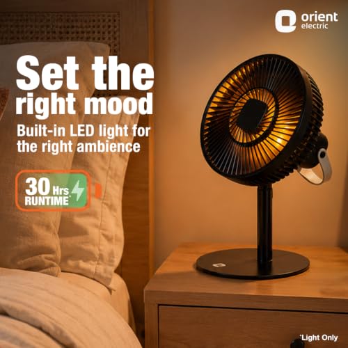 Image of Lumo Rechargeable Table Fan for Home | Portable Battery Fan with 6000 mAh Battery | 4 Speed Modes, 180 Rotation, Adjustable Height | Magnetic Remote & LED Light, Type-C Charging | Black