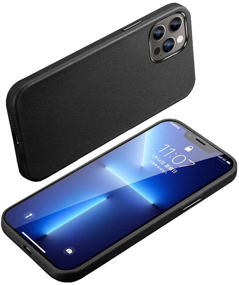 Coque iPhone 13 Pro Max cuir véritable noir protection écran et photo