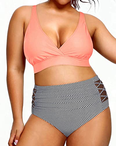 Yonique Womens Plus Size Bikini High Waisted Swimsuits Two Piece Bathing Suits Tummy Control Swimwear Pink And Stripes 22Plus #TOP3
