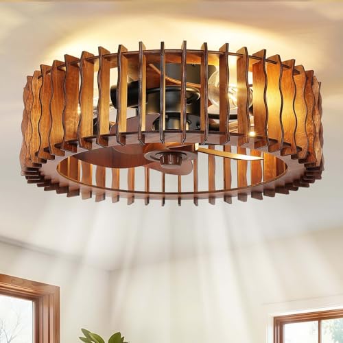Image of 20 inch Flush Mount Ceiling Fan with Light, Wooden Caged Low Profile Fandelier with Remote, 6-Speed Reversible Bladeless Fan, Farmhouse Ceiling Fan for Bedroom, Kitchen, Living Room