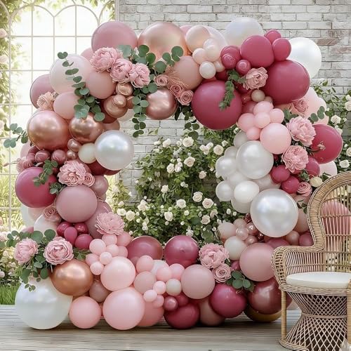 Dusty Rose Balloon Garland Double Stuffed Dusty Pink Mauve Pearl White Balloons Light Pink Cream Boho Balloon Arch Kit for Mother's Day Birthday Baby Shower Bridal Engagement Party Decorations