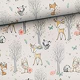 Stoffe zum Nähen, für Kinder, keine Meterware: 0,5m French Terry Sweat Stoff - Waldtiere Reh Fuchs Waschbär Hase Igel Schmetterlinge Herzen Blumen - Mädchen Sommersweat - Tiere im Wald - Girls