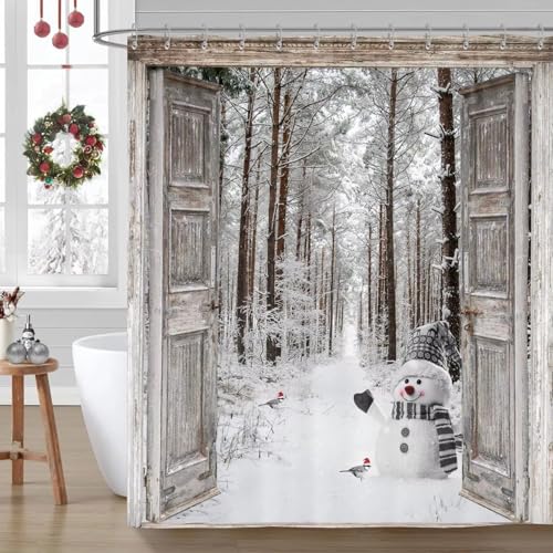 AJALGZ Cortina de Ducha de Invierno, con un Bonito muñeco de Nieve, Bosque Invernal, Pino y Escena de baño, decoración rústica de Granja (70 x 140 cm)