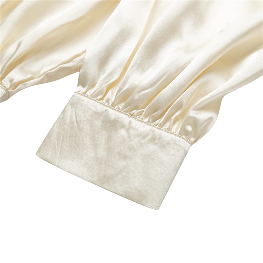 Femmes Soie Satin à Volants Chemise été bouffée à Manches Longues col en V Tuniques décontracté Ample plissé Blouses Black L
