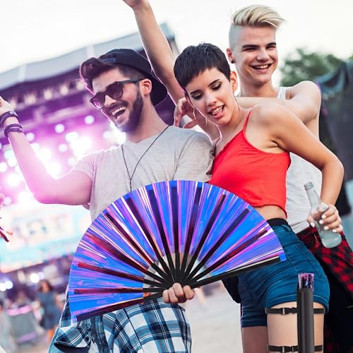 Image of FairySandy Large Rave Fan UV Glow Clack Summer Hand Fan with Thigh Holster for Women Carnival Party Supplies for Carnival Edm Music Festival Club Accessories(Purple Laser,Laser Color)