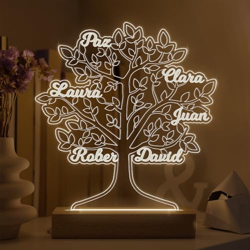 Transparent Gift Lámpara Personalizada con Nombres Árbol de la Vida. Lámparas Personalizadas Metacrilato y Madera Luz LED. Regalos Originales para Navidad, Cumpleaños, Día de la Madre. Decoración Casa