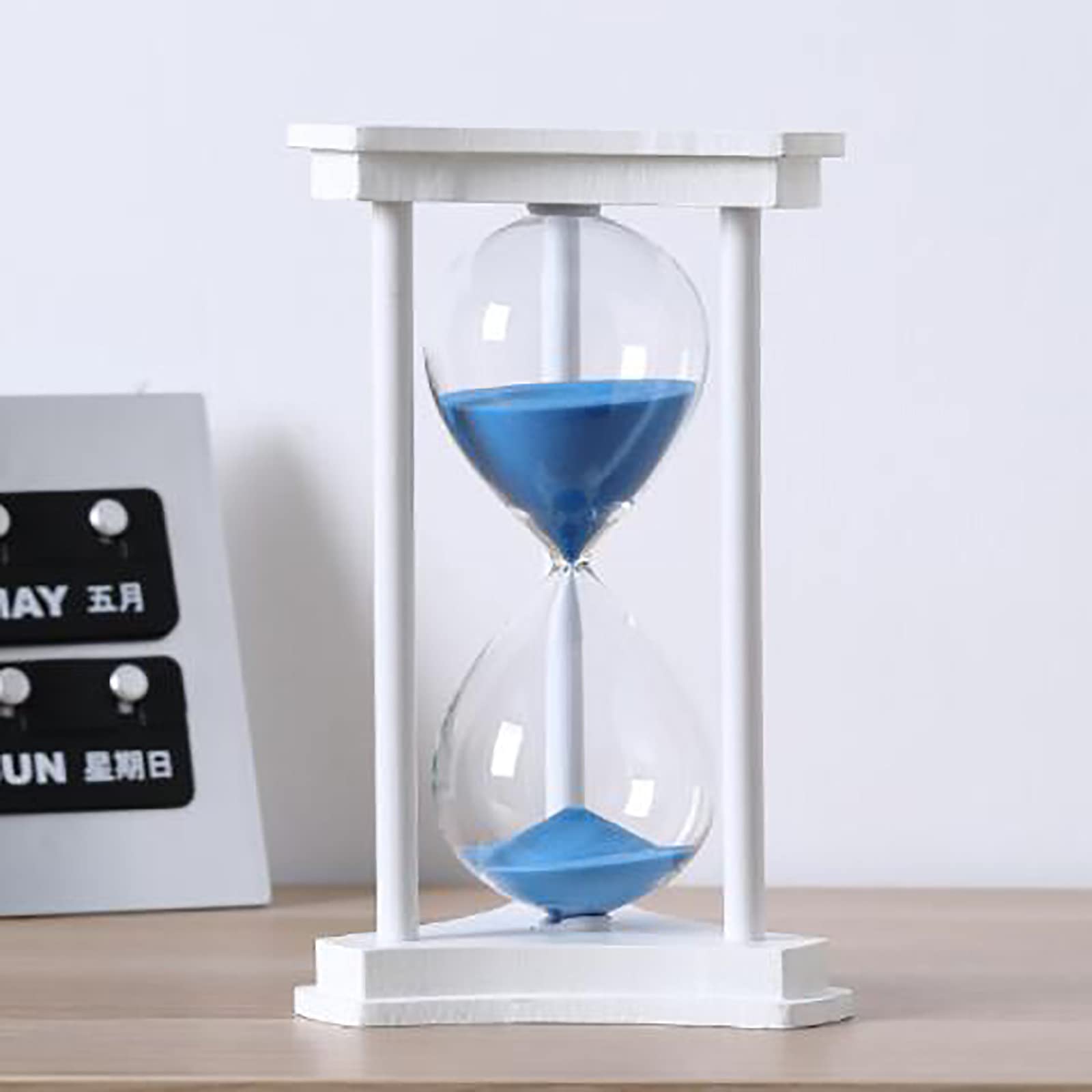 timer， Hourglass Timer,15/30/60 Minutes Wooden Frame Sand Clock,Decorative Sandglass(White Frame Blue Sand,30 minutes)
