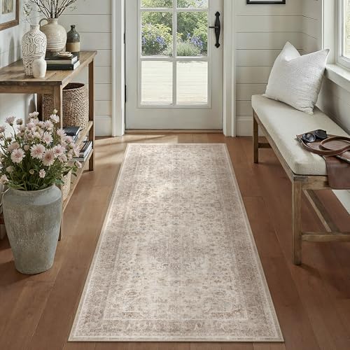Beige 2x6 Runner Rug Washable Hallway Vintage Carpet Low Pile Non Slip Distressed Soft Traditional Retro Oriental Long Accent Throw Rug for Kitchen Bedroom Laundry Bathroom Dining Room 2' x