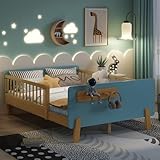 Mirightone Full Bed Frame for Kids with High Rails, Wooden Montessori Bed, Low Profile Bed with Headboard and Footboard for Girls and Boys, No Box Spring Needed, Blue