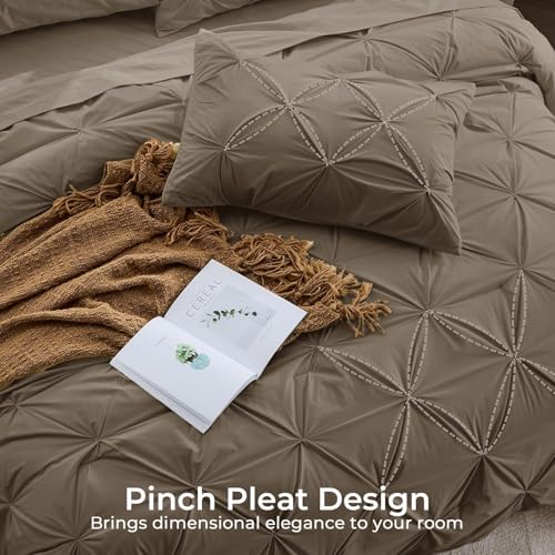 Image of Sasttie King Size Comforter Set, 7-Piece Bed in a Bag, Pintuck Bedding Set for All Season, Includes Comforter, Flat Sheet, Fitted Sheet, Pillowcases and Pillowshams, Brown