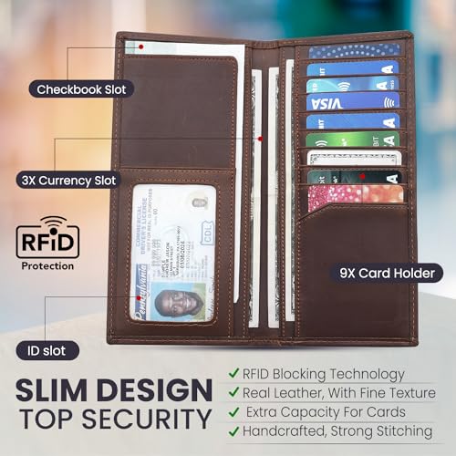 Long Wallets for Men, Genuine Leather Long Bifold Wallet Checkbook Wallets, RFID Blocking, Vintage Leather Long Wallet for Checkbook Credit Cards (Dark Brown)3