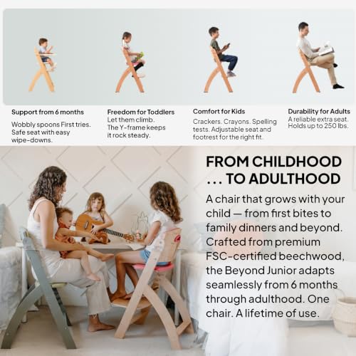 Image of Abiie Beyond Junior Wooden High Chair for Babies and Toddlers - Convertible 3-in-1 Baby Highchair with Removable Tray - 6 Months to 250 Lb - Water Resistant - Natural Wood with Dusty Pink Cushion