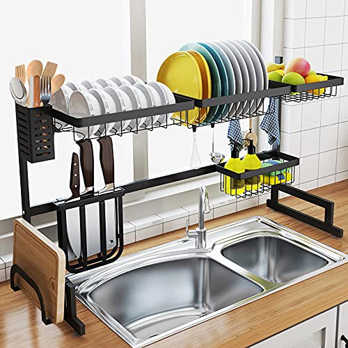 Dishes Drying Rack Over The Sink, Large Dish Drying Rack with Utensil Holder Kitchen Sink Shelf for Countertop Storage Space Saver, Black Dishes Drying Rack Over The Sink, Large Dish Drying Rack with Utensil Holder Kitchen Sink Shelf for Countertop Storage Space Saver, Black
