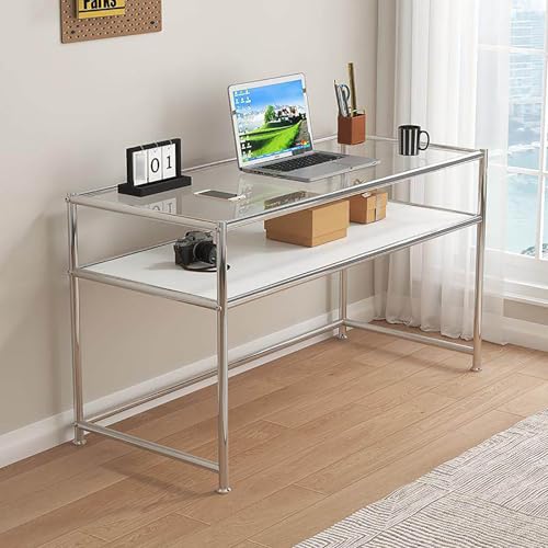 SXZenSpace Bureau Moderne avec Plateau en Verre trempé et étagère de Rangement en Bois, Table d'écriture pour étudiant, Poste de Travail Informatique à 2...