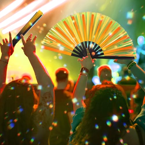 Image of Maitys Large Rave Fan Folding Handheld Fans 13'' Clap Fans for Line Dancing Clack Fan Holographic Festival Accessory for Martial Art Gift Performance, Includes 2 Pouch