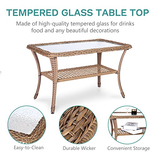 Meetwarm Outdoor Wicker Patio Glider Set With Glass-Top Coffee Table, Loveseat For 2 Person Porch Furniture Glider, Patio Glider Rocking Bench With Thickened Cushions #TOP4