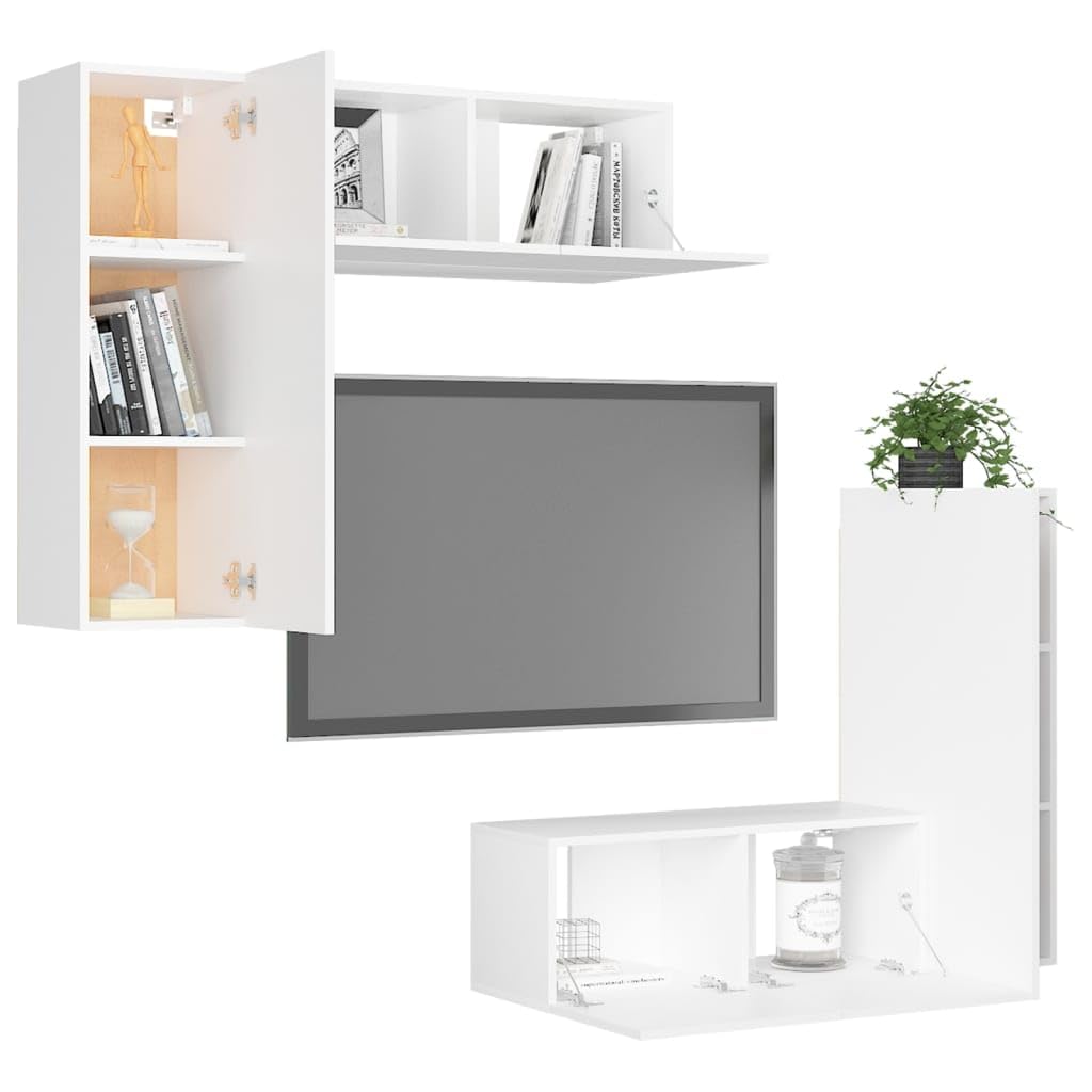 4 piezas de mueble de TV colgante blanco de madera con mucho espacio de almacenamiento, montaje en pared, ideal para almacenamiento y organización, fácil de limpiar con un paño húmedo.