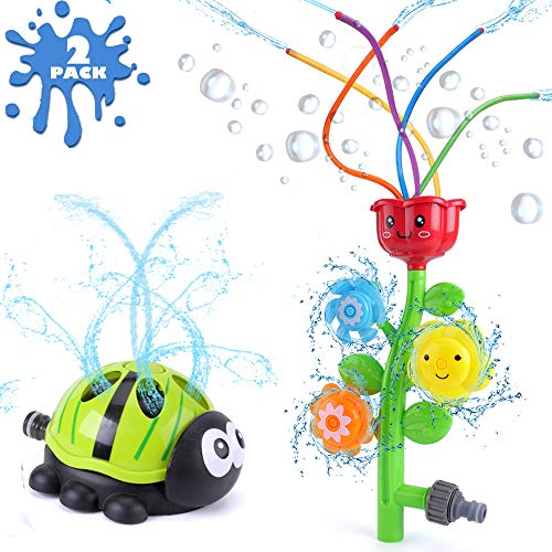unanscre Outdoor Water Spray Sprinkler for Kids, Flower w/Wiggle Tubes&Ladybug-Shape of Spinning Sprinklers for Outside Play Summer Days, Splashing Fun Yard Toy-Sprays Up High Attaches to Garden Hose