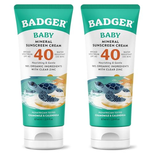 Image of Badger Mineral Baby Sunscreen Cream SPF 40, 98% Organic Toddler Sunscreen with Zinc Oxide, Broad Spectrum, Reef Safe, Water Resistant, Pediatrician Tested Baby Sunblock, 2.9 fl oz, 2-Pack