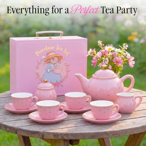 Image of Giggle & Honey Tea Party Set for Little Girls, Pink Gold Polka Dot Porcelain Kids Tea Set with Carry Case, Teapot Cups & Saucers, Princess Pretend Play Birthday Gift for Girls Ages 3, 4, 5, 6, 7, 8