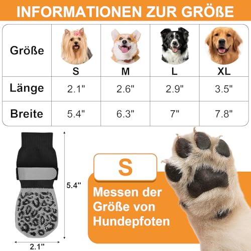 4 Stück Hundesocken Anti Rutsch,Hundesocke mit Klettverschluss Riemen Leuchtband, Schuhe Outdoor,Leopardenmuster Leckschutz,Schuhe Kleine Hunde,Pfotenschutz für Hunde(S)