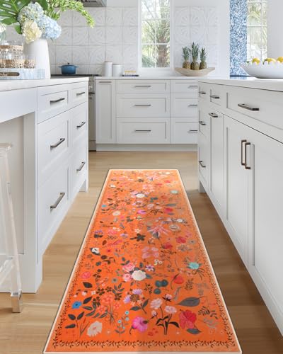 Boho Floral Runner Rug 2x6, Washable Non-Slip Kitchen Rug, Ultra Soft Vintage Carpet for Hallways, Kitchen, Bedroom, Bathroom (Orange)