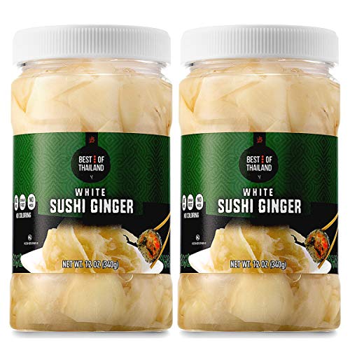 Best Of Thailand Japanese White Pickled Sushi Ginger | No Msg | 2 Jars Of 12Oz Fresh Sliced Young Gari Pickled Ginger In Sweet Pickling Brine With Color | Fat-Free thumb #1