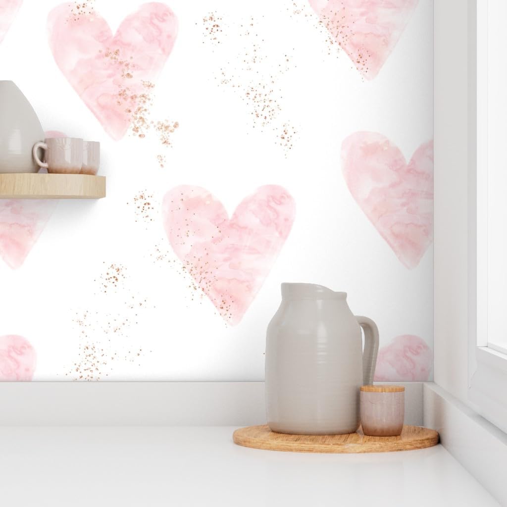 Spoonflower Removable Wallpaper 6ft x 2ft - Pink Pastel Watercolor Gold Copper Hearts Heart Floral Custom Pre-Pasted Wallpaper