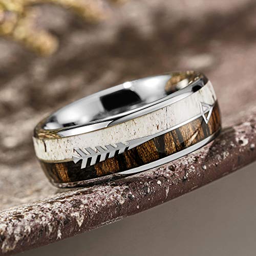 THREE KEYS JEWELRY 8mm Silver Tungsten Wedding Ring with Real Antler Zebra Wood Two Arrows Inlay Dome Hunting Ring Wedding Band Engagement Ring Size 14