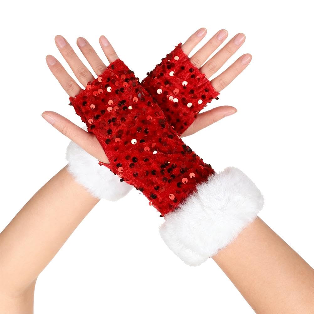 SIQITECHUK 2Pcs Women Sequin Gloves with White Furry Cuff Sparkly Christmas Fingerless Red Gloves for Christmas Cosplay Dancing Party