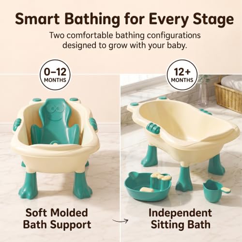 Image of StarAndDaisy Baby Bath Tub for 0 to 5 Years with Bathing Accessories Tray & Mug | Baby Bather for 0 to 2 Years | BPA Free Baby Bath tub for Kids 0-3 Years with 4-Leg Support (Cream-Green, Bathtub with Legs)