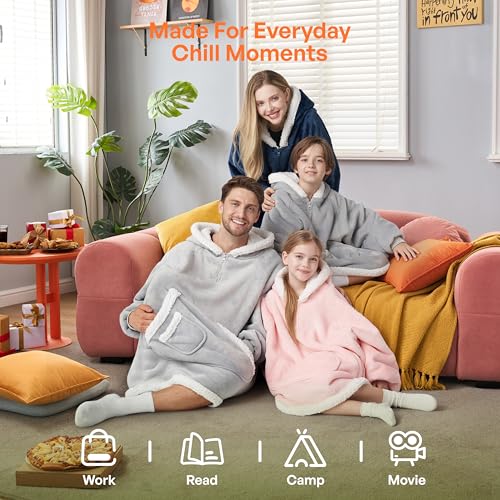 Image of Giggling Getup Wearable Blanket Hoodie for Girls and Boys Sherpa Fleece Hooded Blanket Sweatshirt Warm Cozy Sherpa Wearable Throw Oversized Hoodie with Giant Pocket & Sleeves for Kids Pink