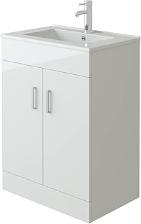 VeeBath VUMW60 Sphinx Free Standing Basin Vanity Cabinet Unit with 2 Swing Doors & Rectangular Sink-600mm, High Gloss White Flatpack - 600mm