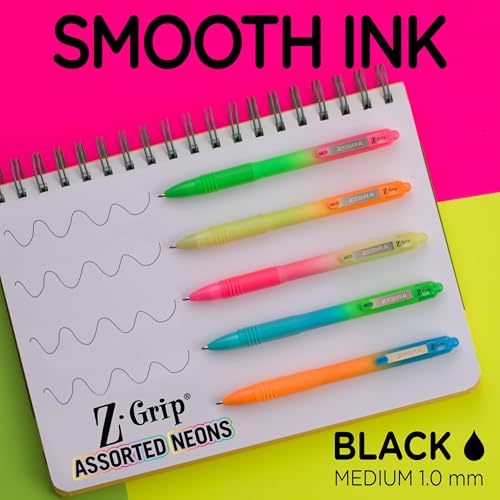 Image of Zebra Pen Z-Grip Ombre Neon Retractable Ballpoint Pen, Black, 1.0mm, 10-Pk | Smooth Writing, Medium Point Tip, Ideal for Planners, Note-Taking, School and Office Supplies, and Everyday Writing (21201)