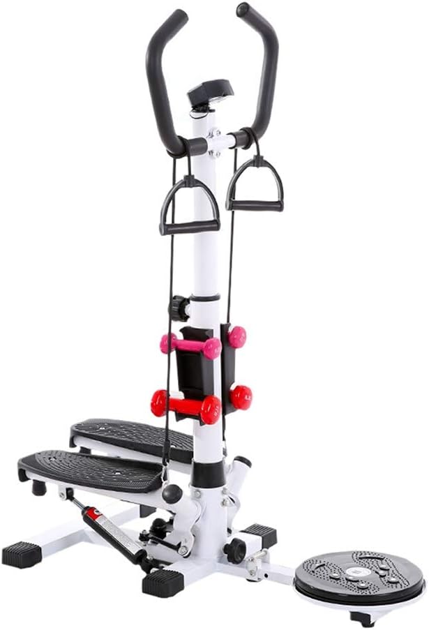 Stepper,Exercise Multifunctional Fitness Machine with Twisting Waist Plate/Dumbbell/Handrail/Elastic Rope/Display (White)
