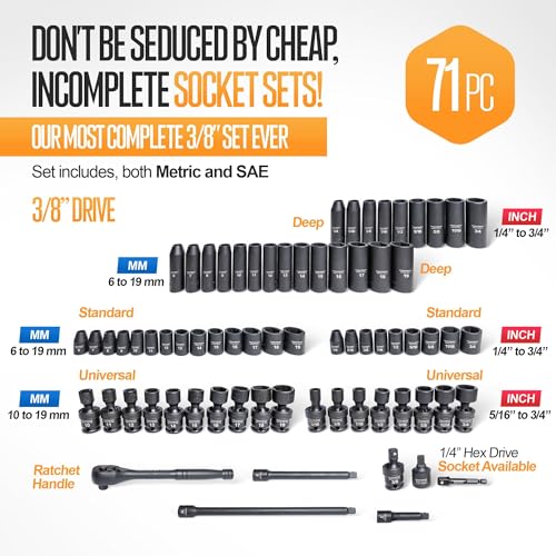 Image of TIGHTSPOT 3 /8 inch Drive 71pc Impact Socket Master Set Inch Metric 1 /4 inch-3 /4 inch 6-19mm CR-V CR-MO Universal Joint Deep Standard Sockets 90-Tooth Ratchet Extensions Heavy Duty Mechanic Tool Kit
