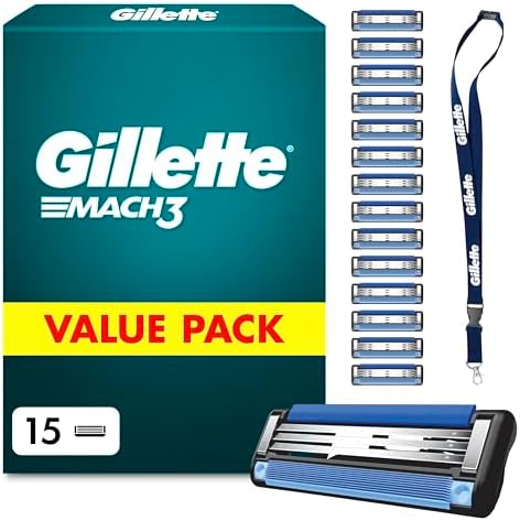 Gillette Mach 3 Standard Klingen Herren, 15 Original Rasierklingen, Blau | Ersatzklingen für Nassrasierer mit Gleitstreifen für Ein Sanftes Gleiten, Neuer Klingenbeschichtung, Inkl