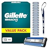 Gillette lot de 15 Recharges de Lames de Rasoir Homme Mach 3, authentiques, Pack de Cartouches avec Un Porte clés, Tête de Rechange A 3 Lames Affutées et Bande Lubrifiante pour Un Rasage Confortable