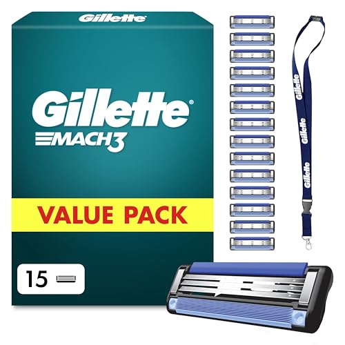 Gillette Mach3 Standard Rasierer Herren, 15 Original Ersatzklingen, Klingen für Männer mit Gleitstreifen für Ein Sanftes Gleiten und Neuer Klingenbeschichtung — Inkl. Schlüsselanhänger