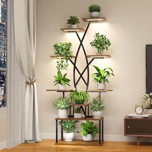 Image of Plant Stand Indoor with Grow Lights - 9 Tiered 66 inch Tall Metal Plant Shelf, Curved Plant Stand with Adjustable Feets for Multiple Plants, Corner Flower Shelf for Living Room, Patio