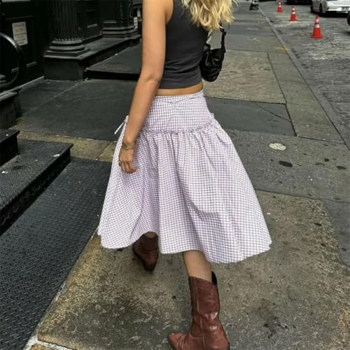 Womens Vintage Aesthetic Plaid Print Straps Lace-Up Ruffled Low Waist Belted Midi A-Line Skirts3