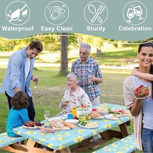 Image of misaya Picnic Table Cover with Bench Cover, Waterproof Elastic Fitted Tablecloth for 6 Foot Tables, Rectangle Washable Polyester Fabric Tablecloths for Picnic, Camping, Outdoor (Lemon, 30 inch x 72 inch)