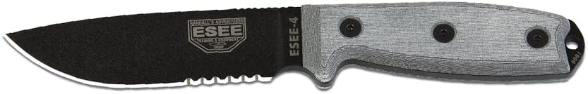 ESEE MDL 4 Part Srtd Fxd Blde Knife, 4.5in, Srtd, Black Linen Micarta Hdl, Sheath,Clip Plate ES-4S