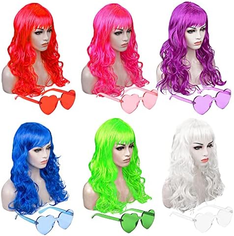DIYI Long Colorful Wigs 6 Pack Wavy Party Wigs Curly Color Wigs for Women Bachelorette Party Decorations Supplies Favors – Extra 6 Pack Neon Party Glasses Add (Blue, White, Green, Red, Purple, Pink)
