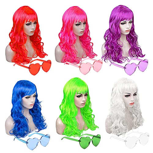 Diyi Long Colorful Wigs 6 Pack Wavy Party Wigs Curly Color Wigs For Women Bachelorette Party Decorations Supplies Favors – Extra 6 Pack Neon Party Glasses Add (Blue, White, Green, Red, Purple, Pink) #TOP1
